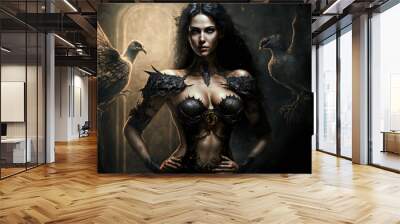 Portrait of a fantasy dark  female warrior . Fantasy illustration.  Image created with Generative AI technology. Wall mural