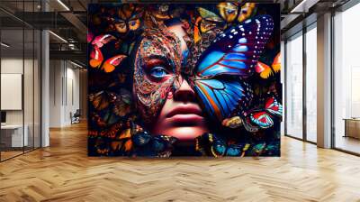 Portrait of a woman with butterflies.  Generative AI. Wall mural