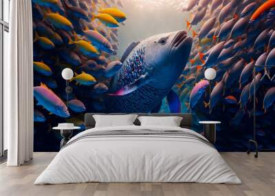 Underwater wild world.  Tropical fishes.  Image created with Generative AI technology. Wall mural