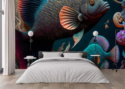 Underwater wild world.  Tropical fishes.  Image created with Generative AI technology. Wall mural