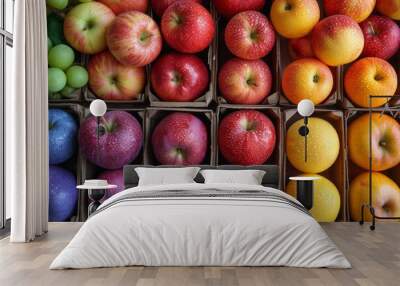 A collection of boxes containing a wide variety of differently colored apples. Wall mural