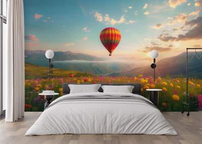 A colorful hot air balloon gracefully floats over a vibrant field of flowers, casting a magical scene against the clear blue sky Wall mural