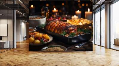 A festive table adorned with an abundance of food and flickering candles, creating a warm and inviting atmosphere Wall mural