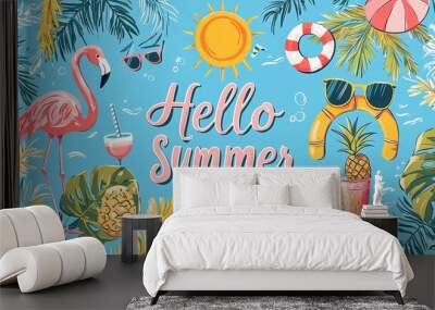 A lively tropical design showcases a pink flamingo, fresh pineapple, beach balls, and sunglasses against a bright blue backdrop, celebrating the joy of summer Wall mural