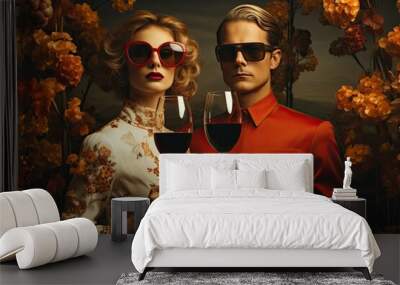 A man and a woman in red sunglasses are holding glasses of red wine.  Collage in autumn colors Wall mural