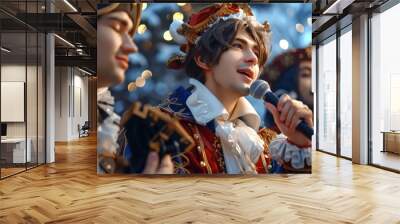 A man wearing a costume sings passionately into a microphone on stage, entertaining the audience with his performance Wall mural