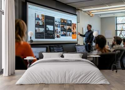 A speaker engages the audience while presenting a digital marketing plan using a large screen in a contemporary classroom Wall mural