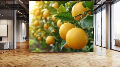 a tree adorned with an abundance of fully ripened oranges hanging from its branches. Wall mural