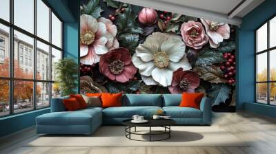 A vibrant assortment of winter flowers and foliage rests against a dark backdrop, featuring delicate colors, textures, and seasonal berries for a stunning visual effect Wall mural