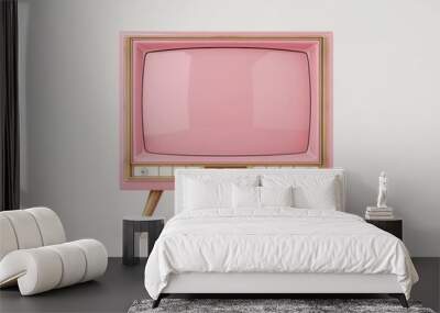 A vintage pink television set sits on a charming wooden stand, adding a touch of retro elegance to any living space Wall mural