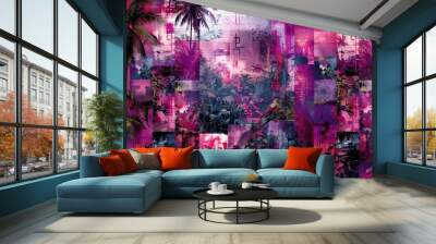 A visually captivating arrangement features lush tropical plants in vibrant pink and purple colors, creating a captivating abstract design Wall mural