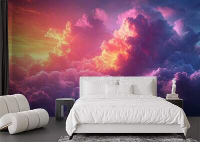 As the sun sets on the horizon, the sky comes alive with vivid hues reflected in the thick clouds. Orange, pink, and purple merge beautifully, creating a breathtaking atmosphere Wall mural