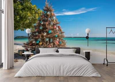 Big green christmas tree on the beach with present boxes Wall mural