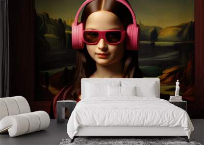 Brunette woman similar to the Mona Lisa with pink headphones and pink glasses Wall mural