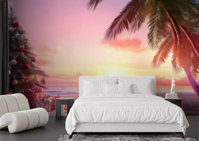 Christmas tree and gifts on  tropical beach background.  Wall mural