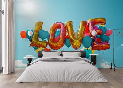 Colorful LOVE from air balloons  with hearts on blue sky background with sunlight Wall mural