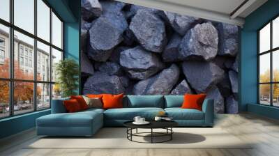 Dark coal rocks are stacked closely together, showcasing their rough texture and various sizes under natural light Wall mural