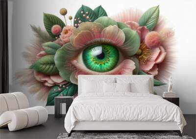 Floral art collage with pink petals and eye on white background Wall mural