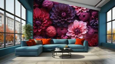 Late fall tapestry of deep purple pink dahlia blossoms. Wall mural