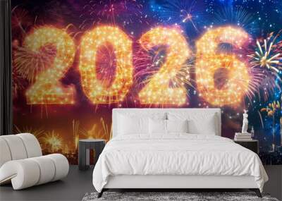 new year 2026 celebration. a cityscape featuring buildings and a sky illuminated by colorful firewor Wall mural