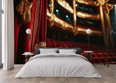 Rich red curtains reveal a luxurious theater interior, with elegant seating ready for an evening performance Wall mural