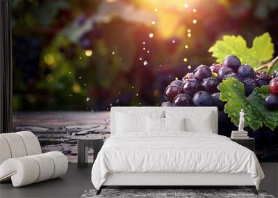 Ripe purple grapes with water droplets are placed on a rustic wooden table Wall mural