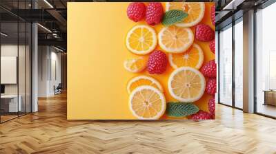 Slices of lemons and clusters of raspberries are artfully arranged against a vibrant yellow backdrop, highlighting their freshness and color contrast Wall mural