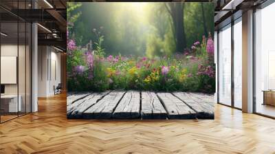 Summer wild flowers garden background with empty wooden  table top in front for product promotion, sunlight soft background Wall mural