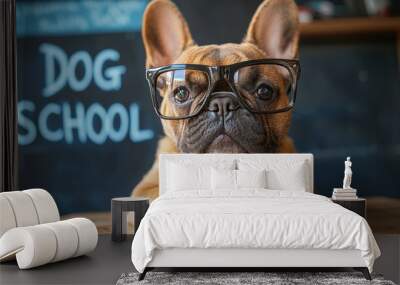 The French Bulldog sits at a wooden table, sporting oversized glasses while focused on the chalkboard that reads dog school, creating an endearing and humorous atmosphere Wall mural