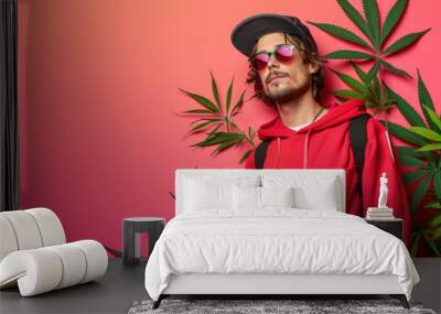 The young man with sunglasses poses casually, highlighting his relaxed demeanor amid vibrant colors and cannabis leaves Wall mural