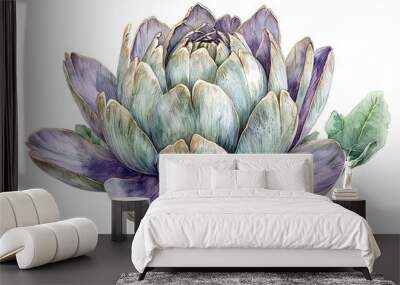 This artwork features a stunning purple artichoke flower, accentuated by delicate green leaves, creating a vibrant display against a clean background, highlighting its intricate design Wall mural