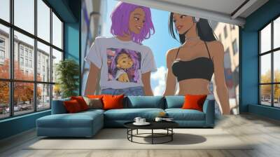 Two friends, one with purple hair and the other with black, stroll together in a lively city. They enjoy a carefree moment filled with friendship and style Wall mural