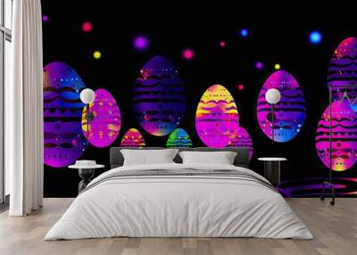 vibrant easter eggs glowing against a dark backdrop, radiating a magical aura. each egg shines with  Wall mural