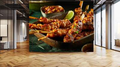 Barbecued satay skewers with diced seasoned meat Wall mural