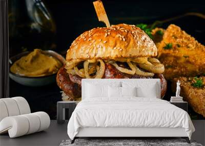 Bratwurst burger with onion rings Wall mural