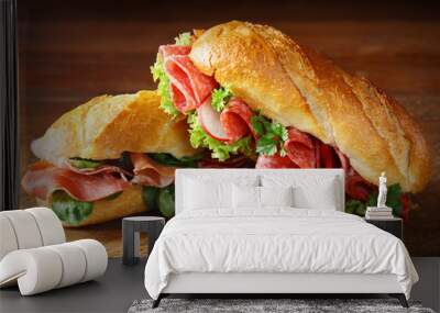 Delicious salami and ham baguettes Wall mural