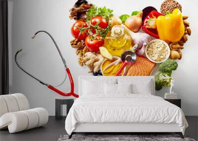 Food ingredients in heart with stethoscope Wall mural