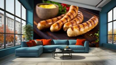 Four tasty grilled pork sausages from a BBQ Wall mural