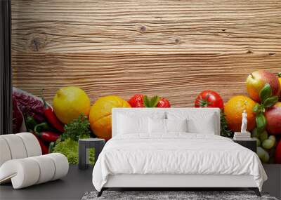 Fruits and vegetables on wooden table Wall mural