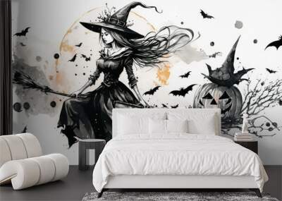 Generative AI illustration of Halloween young witch flying on broom against moon Wall mural