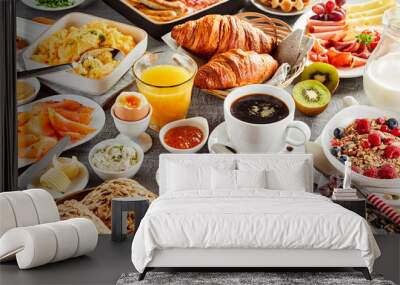 Huge healthy breakfast spread on a table Wall mural