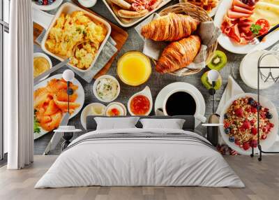 Large selection of breakfast food on a table Wall mural