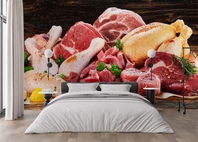 Raw meat assortment, beef, chicken, turkey Wall mural