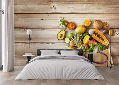 Selection of juicy fresh tropical fruit on wood Wall mural