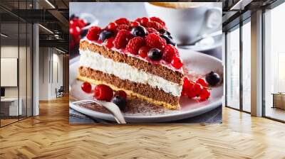 Slice of gourmet fresh berry cake Wall mural