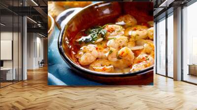 Spicy grilled fresh scampi with garlic and herbs Wall mural