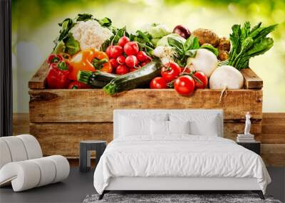 Wooden crate of farm fresh vegetables Wall mural