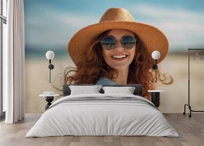  brown hair Happy smiling Young beautiful women wear a hat and sunglass in summer Wall mural