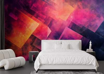 An abstract digital background featuring glowing geometric shapes in vibrant neon colors, arranged in a dynamic and futuristic pattern Wall mural