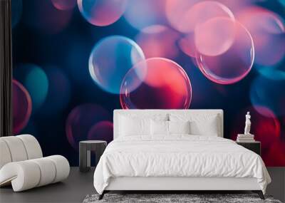 close-up of abstract circles shaped like bubbles in a mix of red and blue tones, with a smooth gradient and soft lighting that gives a sense of depth and motion Wall mural